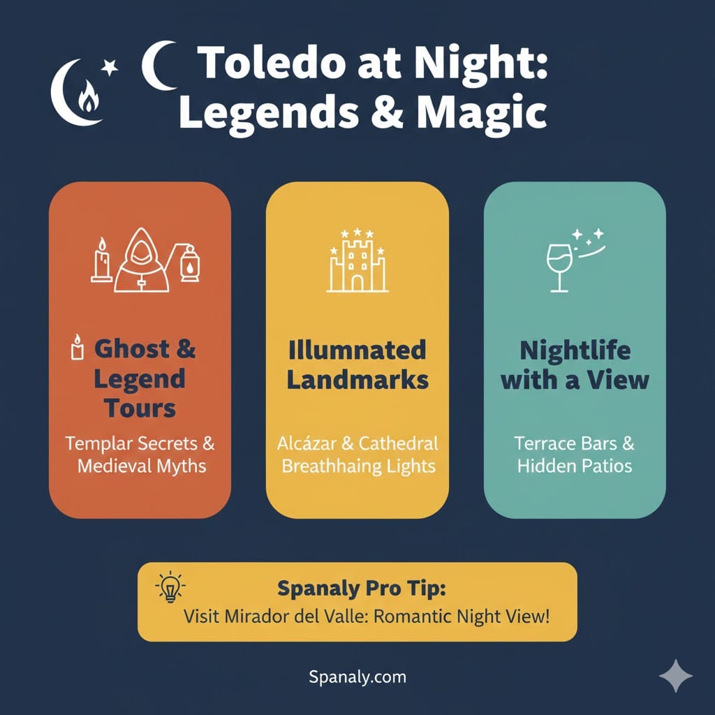 A mysterious and colorful infographic titled Toledo at Night: Legends & Magic. It features three sections against a dark blue background: Ghost & Legend Tours (Templar secrets), Illuminated Landmarks (Alcázar and Cathedral), and Nightlife with a View (Terrace bars). A yellow footer provides a Spanaly Pro Tip about the romantic night view from Mirador del Valle.