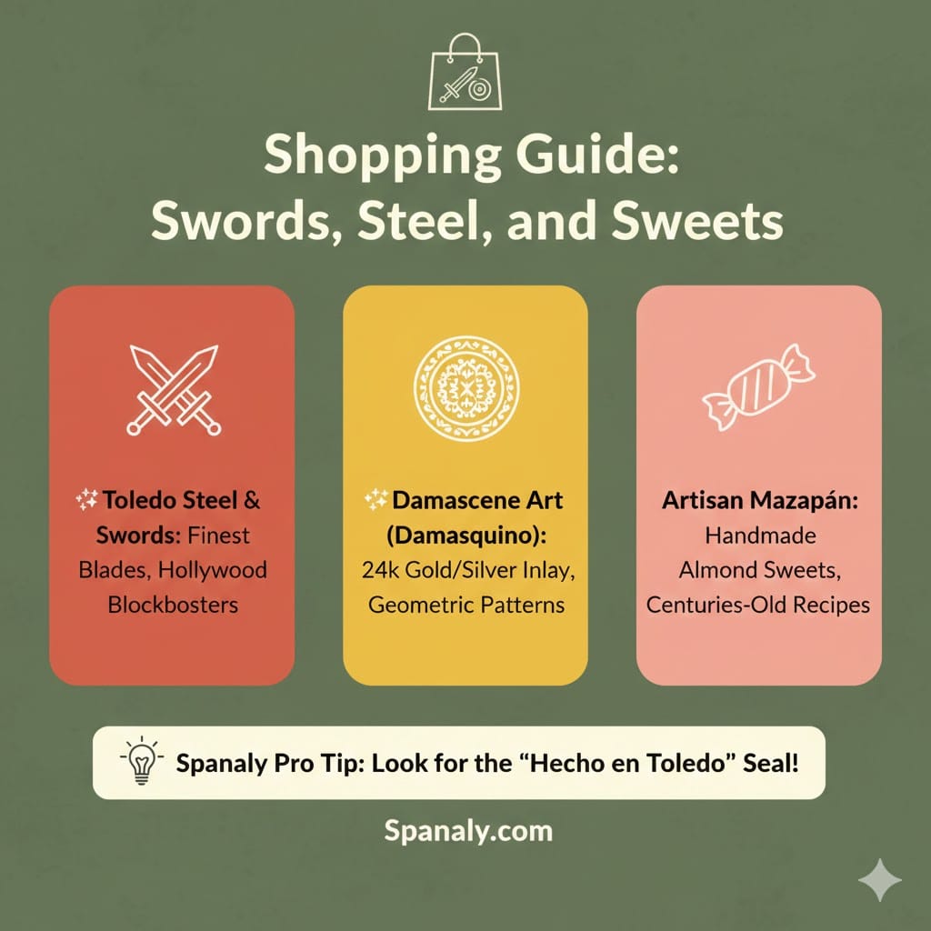 A colorful shopping infographic titled Shopping Guide: Swords, Steel, and Sweets in Toledo. It features three sections: Toledo Steel & Swords (Finest blades for Hollywood), Damascene Art (24k Gold/Silver inlay), and Artisan Mazapán (Handmade almond sweets). A light-colored footer includes a Spanaly Pro Tip to look for the "Hecho en Toledo" seal of authenticity.