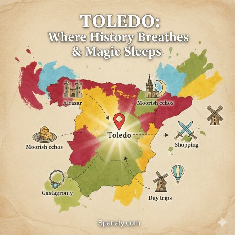 A colorful and artistic map of Spain featuring Toledo at its glowing center. The image highlights key guide attractions with icons: the Alcázar, Moorish echoes, traditional gastronomy, shopping (swords), and day trips (windmills). The top text reads "TOLEDO: Where History Breathes & Magic Sleeps," with Spanaly.com at the bottom.