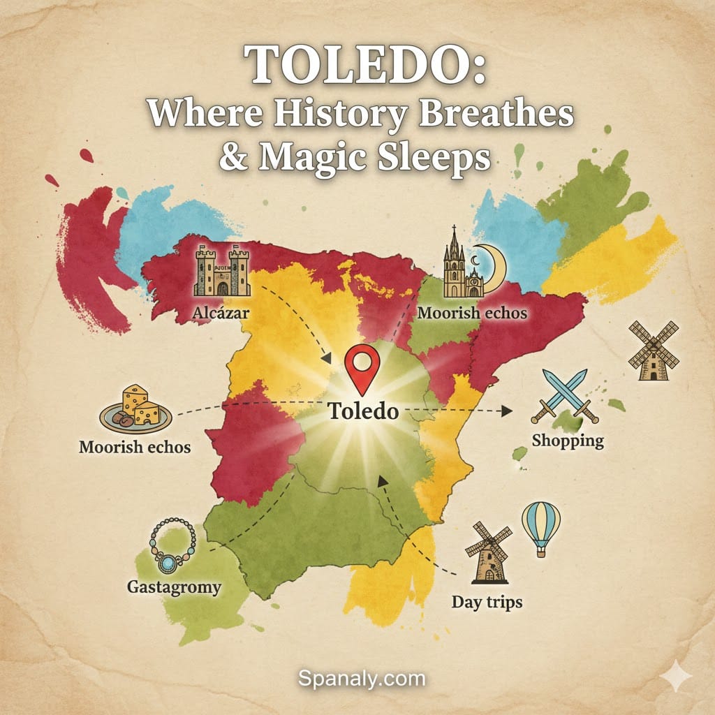 A colorful and artistic map of Spain featuring Toledo at its glowing center. The image highlights key guide attractions with icons: the Alcázar, Moorish echoes, traditional gastronomy, shopping (swords), and day trips (windmills). The top text reads "TOLEDO: Where History Breathes & Magic Sleeps," with Spanaly.com at the bottom.