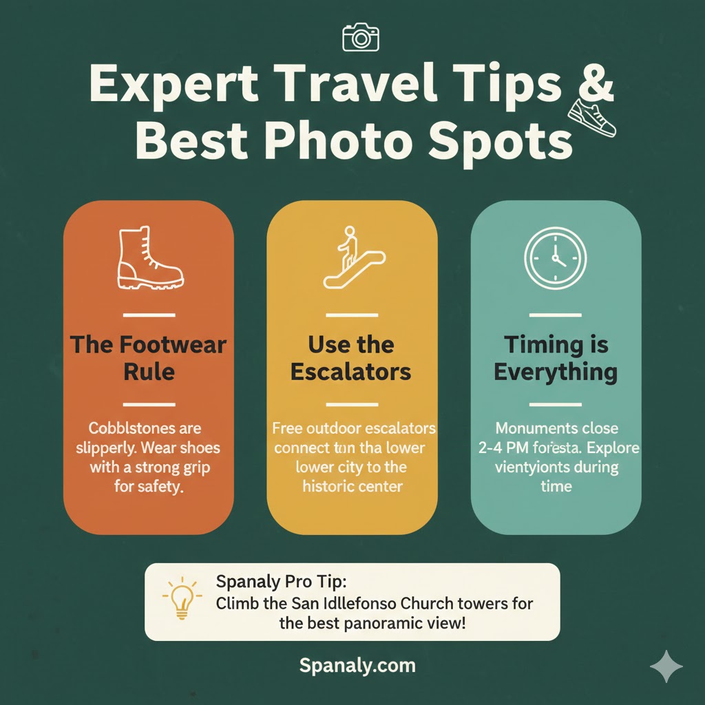 A helpful and colorful infographic titled Expert Travel Tips & Best Photo Spots in Toledo. It features three practical advice sections: The Footwear Rule (Wear shoes with strong grip), Use the Escalators (Free access to the historic center), and Timing is Everything (Planning around siesta closures). A white footer includes a Spanaly Pro Tip about climbing San Ildefonso Church towers for the best view.