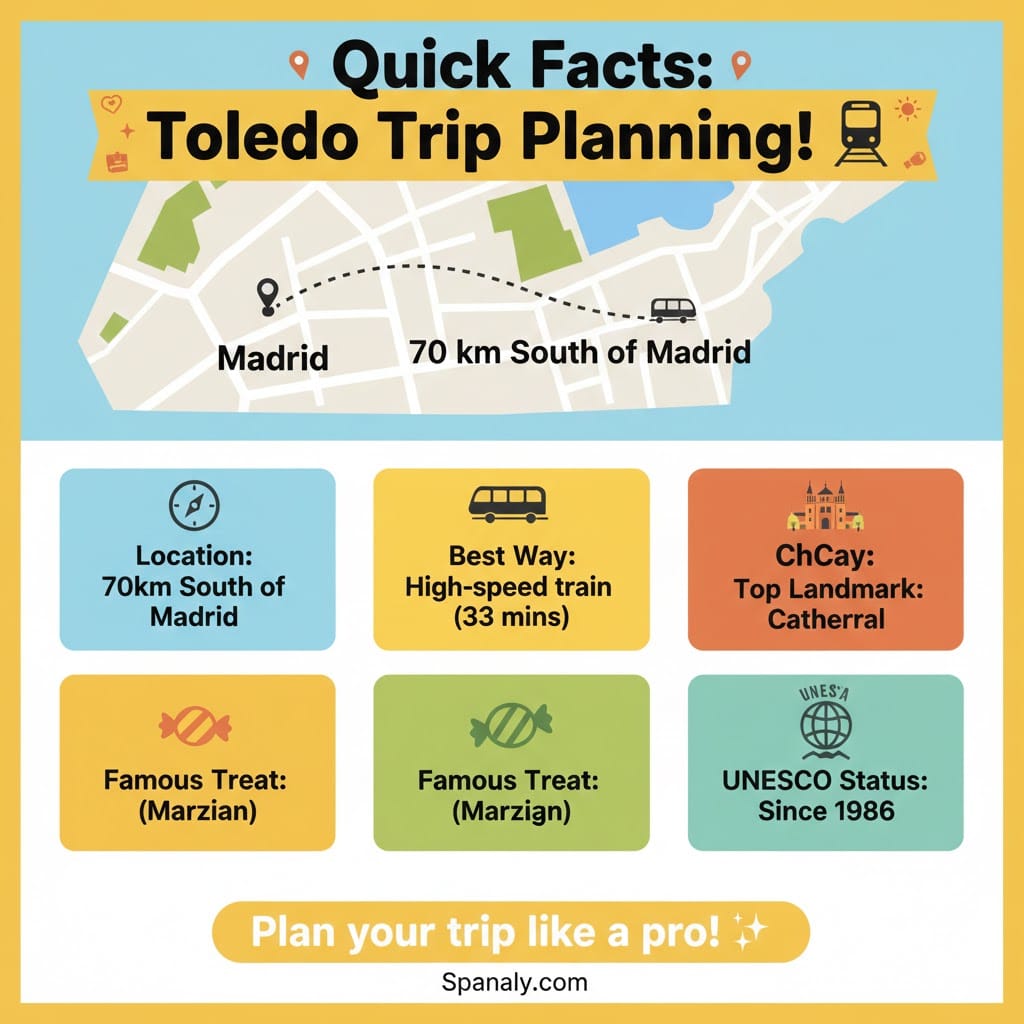A cheerful and colorful infographic titled Quick Facts: Toledo Trip Planning. It features a map showing the distance of 70km from Madrid. Icons illustrate the high-speed train, the Toledo Cathedral, and local Marzipan sweets. The design is bright and user-friendly, highlighting the UNESCO status since 1986