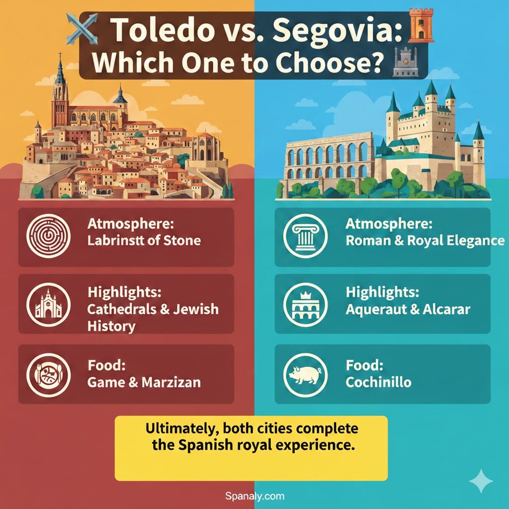 A colorful infographic comparing Toledo and Segovia for travelers. The left side features Toledo’s stone cathedral and medieval architecture in warm tones, while the right side shows Segovia’s Roman Aqueduct and fairy-tale Alcázar in bright blue. The graphic highlights differences in atmosphere, key landmarks, and traditional food like Marzipan and Cochi-nillo.
