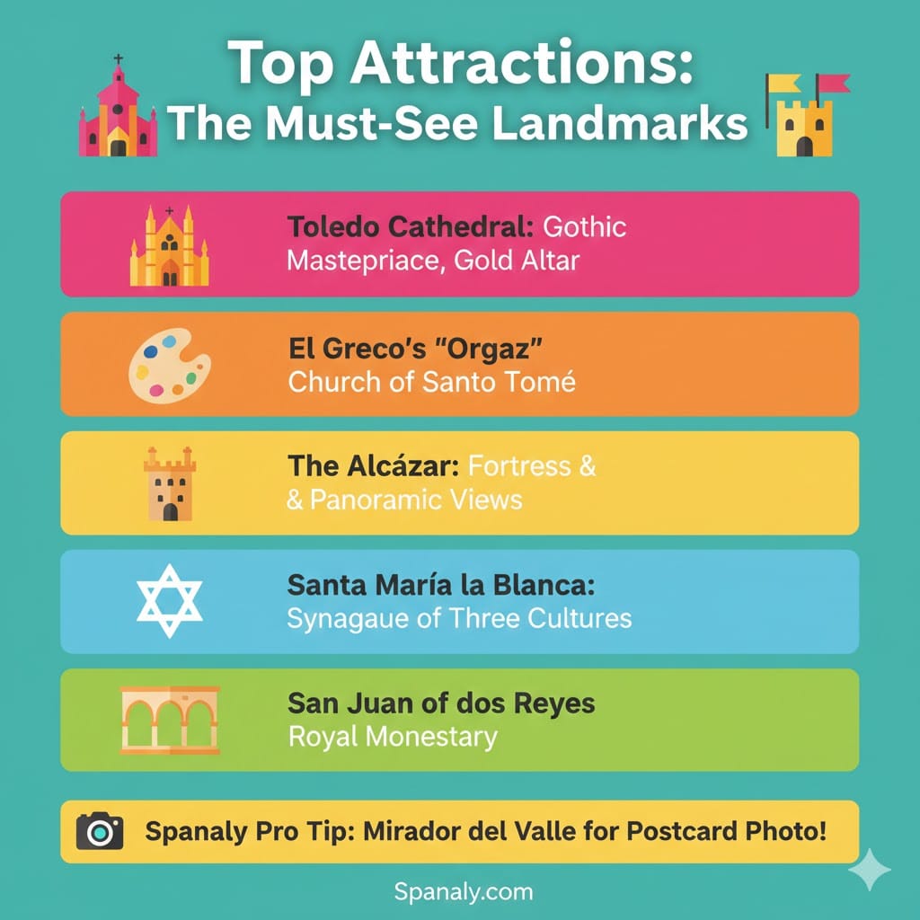A colorful travel infographic titled Top Attractions: The Must-See Landmarks in Toledo. It features five distinct sections with icons: Toledo Cathedral, El Greco's Church of Santo Tomé, The Alcázar Fortress, Santa María la Blanca Synagogue, and San Juan de los Reyes Monastery. A footer highlights a Spanaly Pro Tip about the Mirador del Valle viewpoint.