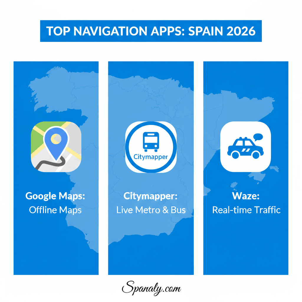 A professional 2026 infographic for Spanaly.com showcasing the best navigation apps for Spain, featuring Google Maps for offline use, Citymapper for live metro and bus data, and Waze for real-time traffic alerts on a blue background.