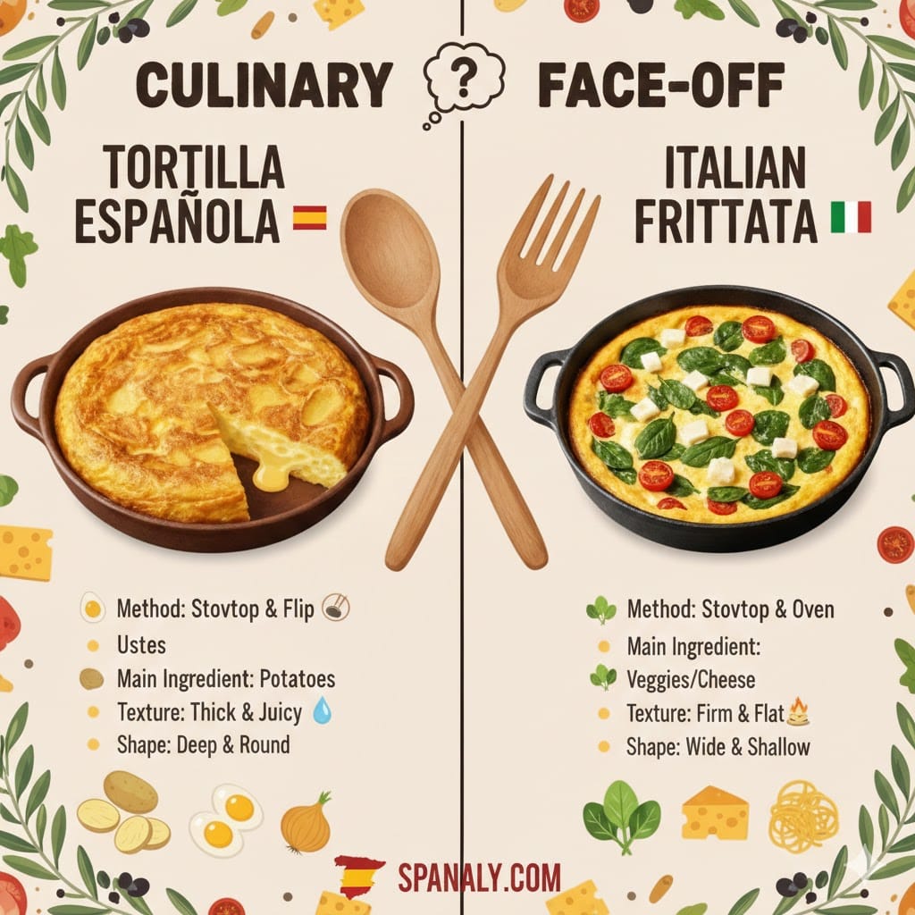 A side-by-side culinary infographic comparing Tortilla Española and Italian Frittata. Left side shows a thick Spanish omelette with eggs, potatoes, and onions. Right side shows a flat Italian frittata with veggies and cheese. Features the Spanaly.com logo and a small Spanish flag icon at the bottom.