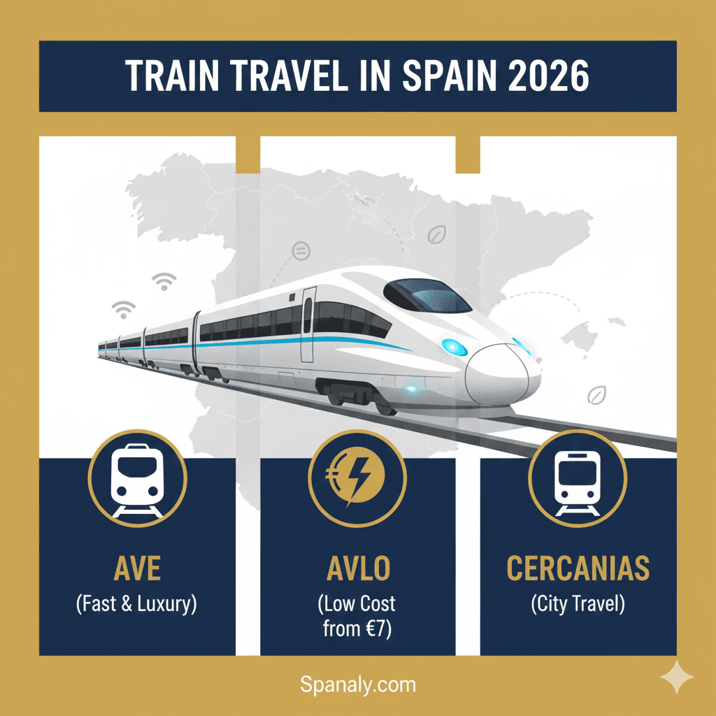 Infographic for traveling by train in Spain 2026, showing AVE and Avlo services with pricing starting from 7 Euros, created by Spanaly.com.