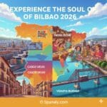 A vibrant 2026 Bilbao travel infographic featuring a map of Spain divided into four sections: Guggenheim Museum, Pintxos culture, Casco Viejo, and Vizcaya Bridge.
