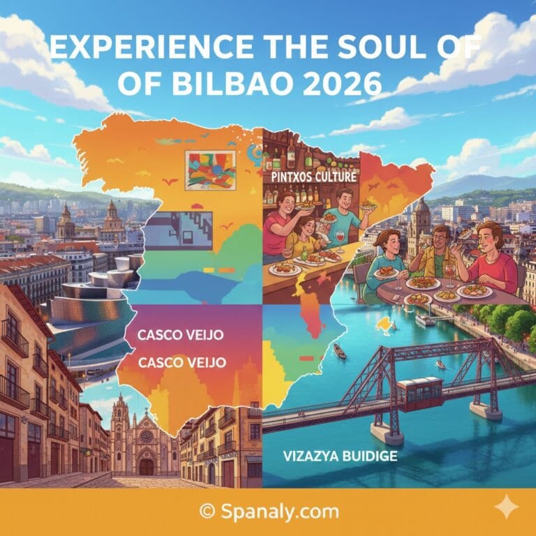 A vibrant 2026 Bilbao travel infographic featuring a map of Spain divided into four sections: Guggenheim Museum, Pintxos culture, Casco Viejo, and Vizcaya Bridge.