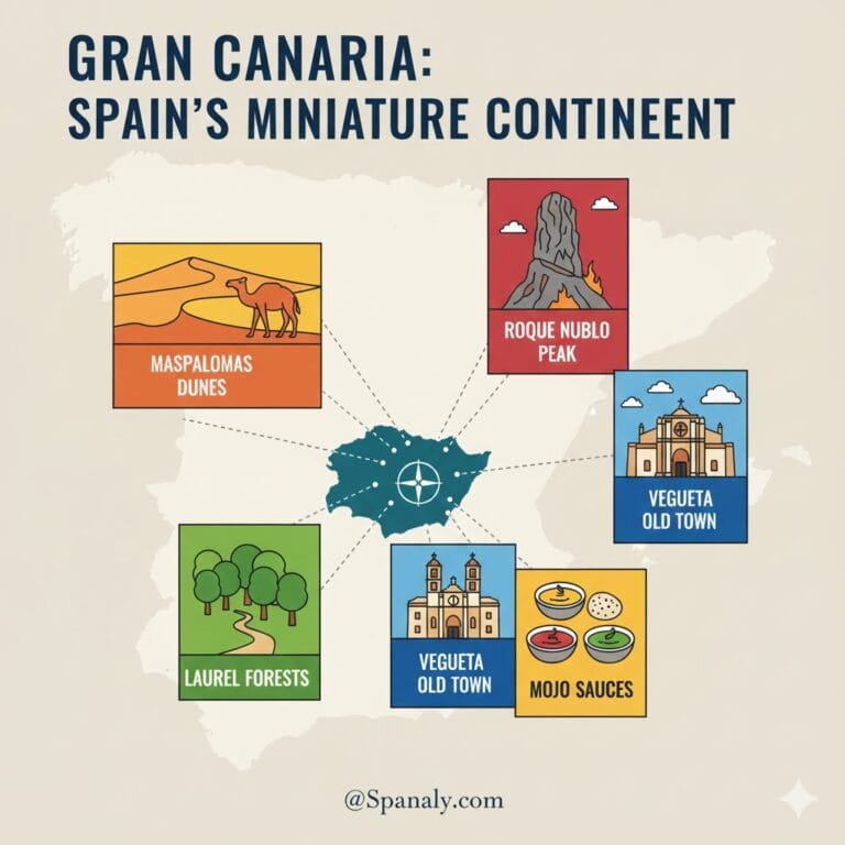 Illustrated map of Spain highlighting Gran Canaria island with its iconic volcanic peaks, Maspalomas dunes, and palm trees, featuring travel guide branding for Spanaly.com 2026.