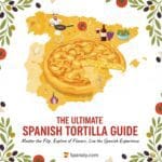 A vibrant, colorful illustration of a large map of Spain with a giant, delicious Spanish Tortilla at its center. The image features key elements like a chef with a pan, wine, beer, and fresh ingredients. Below, the text reads: The Ultimate Spanish Tortilla Guide - Master the Flip, Explore of Flavors, Live the Spanish Experience. Includes the Spanaly.com logo with a red and yellow Spain icon.