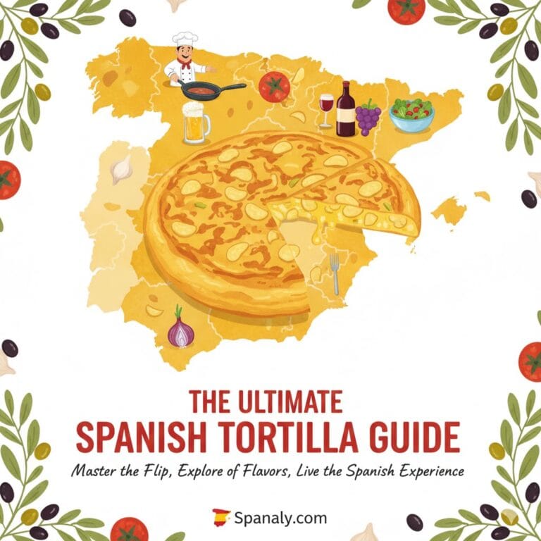 A vibrant, colorful illustration of a large map of Spain with a giant, delicious Spanish Tortilla at its center. The image features key elements like a chef with a pan, wine, beer, and fresh ingredients. Below, the text reads: The Ultimate Spanish Tortilla Guide - Master the Flip, Explore of Flavors, Live the Spanish Experience. Includes the Spanaly.com logo with a red and yellow Spain icon.