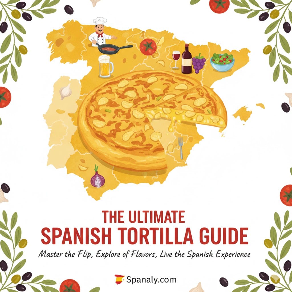 A vibrant, colorful illustration of a large map of Spain with a giant, delicious Spanish Tortilla at its center. The image features key elements like a chef with a pan, wine, beer, and fresh ingredients. Below, the text reads: The Ultimate Spanish Tortilla Guide - Master the Flip, Explore of Flavors, Live the Spanish Experience. Includes the Spanaly.com logo with a red and yellow Spain icon.