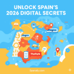 A vibrant 2026 featured infographic for Spanaly.com showing a stylized map of Spain with digital travel icons for 5G, TheFork, AVE trains, and taxis. Titled UNLOCK SPAIN'S 2026 DIGITAL SECRETS in a modern creative design.