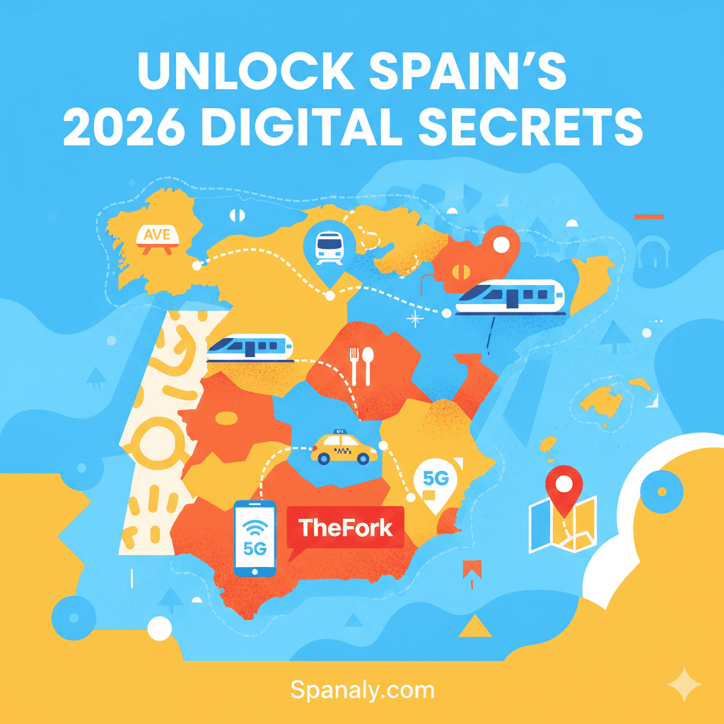 A vibrant 2026 featured infographic for Spanaly.com showing a stylized map of Spain with digital travel icons for 5G, TheFork, AVE trains, and taxis. Titled UNLOCK SPAIN'S 2026 DIGITAL SECRETS in a modern creative design.