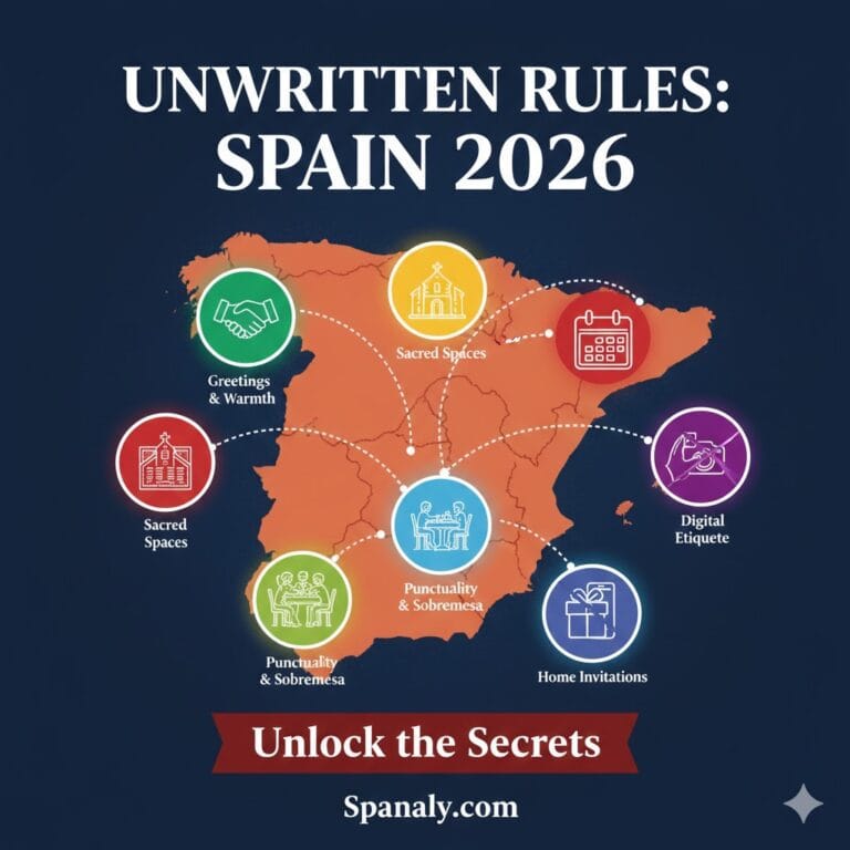 A professional cover infographic for the Cultural Etiquette in Spain 2026 guide, featuring a map of Spain with icons for greetings, sacred spaces, punctuality, and digital rules by Spanaly.com.