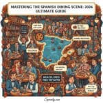 A vibrant artistic illustration of a Spanish dining scene in 2026, featuring a map of Spain surrounded by customers ordering coffee, sharing raciones, and asking for the bill, with key tips like 'Agua del Grifo' and 'El Pan' included.