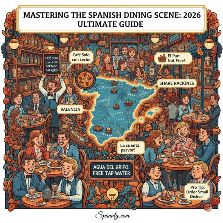A vibrant artistic illustration of a Spanish dining scene in 2026, featuring a map of Spain surrounded by customers ordering coffee, sharing raciones, and asking for the bill, with key tips like 'Agua del Grifo' and 'El Pan' included.