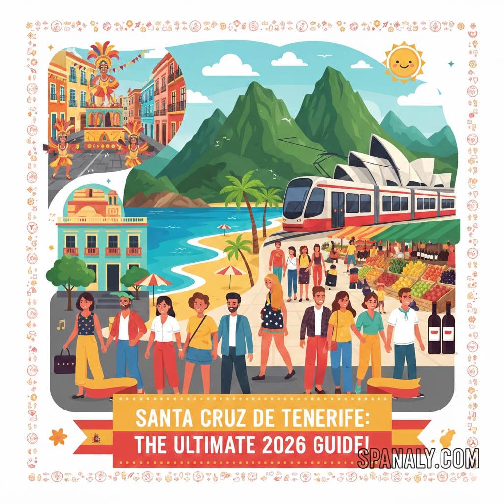 A vibrant 2026 ultimate travel guide cover for Santa Cruz de Tenerife featuring the city skyline, Carnival scenes, the modern tram, and a local market with Spanaly.com branding.