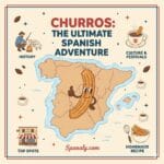 A colorful and artistic main cover image by Spanaly titled 'Churros: The Ultimate Spanish Adventure'. The image features a large map of Spain with a cheerful churro character in the center. Surrounding the map are four illustrated icons representing the article sections: History (shepherd), Culture & Festivals (hot chocolate), Top Spots (café), and Homemade Recipe (mixing bowl), with Spanaly.com at the bottom.
