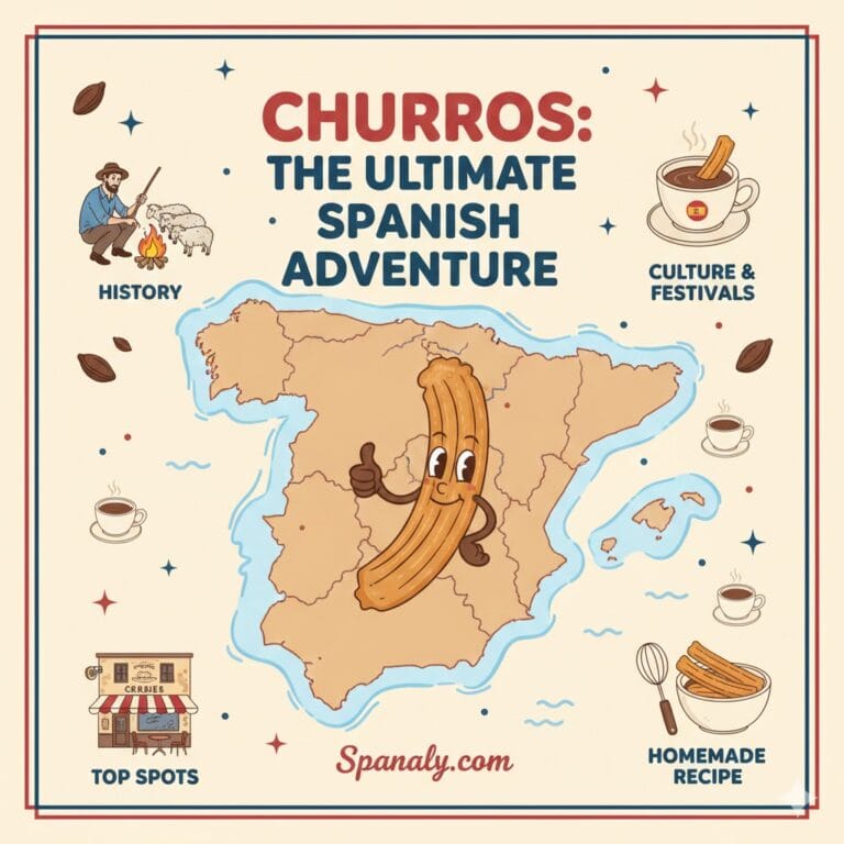 A colorful and artistic main cover image by Spanaly titled 'Churros: The Ultimate Spanish Adventure'. The image features a large map of Spain with a cheerful churro character in the center. Surrounding the map are four illustrated icons representing the article sections: History (shepherd), Culture & Festivals (hot chocolate), Top Spots (café), and Homemade Recipe (mixing bowl), with Spanaly.com at the bottom.