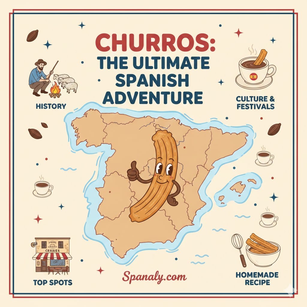 A colorful and artistic main cover image by Spanaly titled 'Churros: The Ultimate Spanish Adventure'. The image features a large map of Spain with a cheerful churro character in the center. Surrounding the map are four illustrated icons representing the article sections: History (shepherd), Culture & Festivals (hot chocolate), Top Spots (café), and Homemade Recipe (mixing bowl), with Spanaly.com at the bottom.