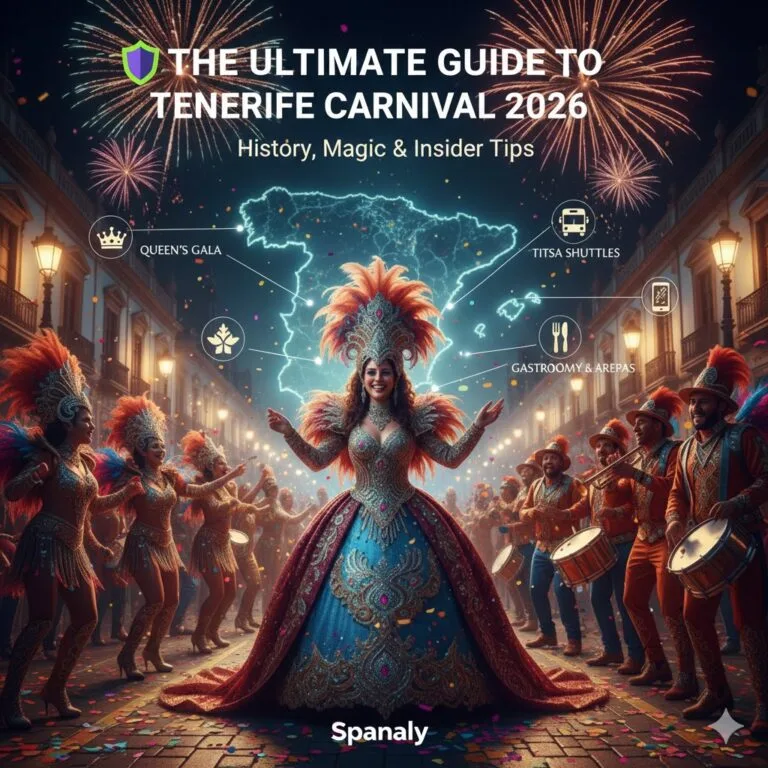 A stunning cover image for Tenerife Carnival 2026 featuring a Carnival Queen in a grand costume, festive crowds with drums, fireworks, and a glowing map of Spain in the background, with the Spanaly logo at the bottom.