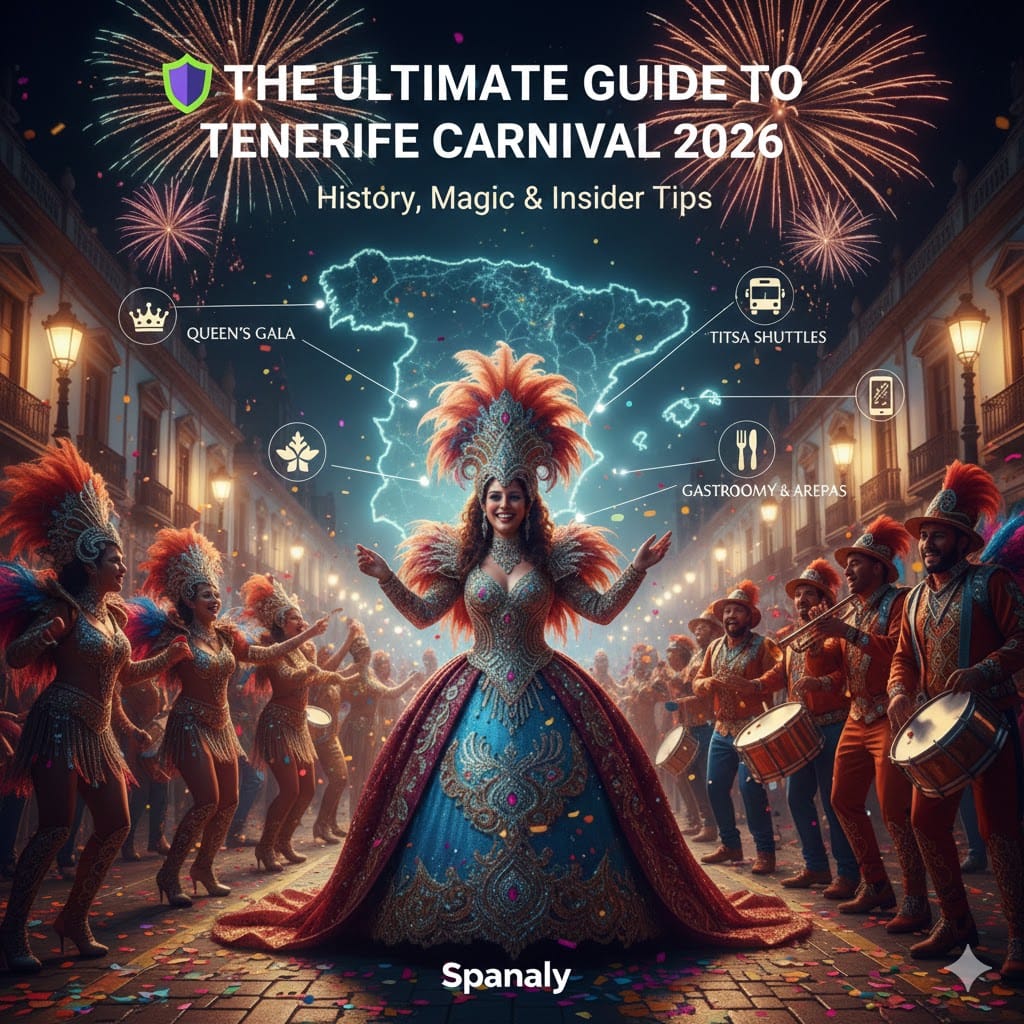 A stunning cover image for Tenerife Carnival 2026 featuring a Carnival Queen in a grand costume, festive crowds with drums, fireworks, and a glowing map of Spain in the background, with the Spanaly logo at the bottom.