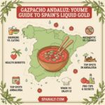 A colorful master infographic for the ultimate guide to Gazpacho Andaluz. It features a large map of Spain with a central bowl of Gazpacho. Surrounding icons illustrate key topics: Drinking vs. Eating, Health Benefits, Authenticity, Top Spots in Andalusia, and Pro-Tips. Includes the text GAZPACHO ANDALUZ: YOUR GUIDE TO SPAIN'S LIQUID GOLD at the top and Spanaly.com at the bottom.