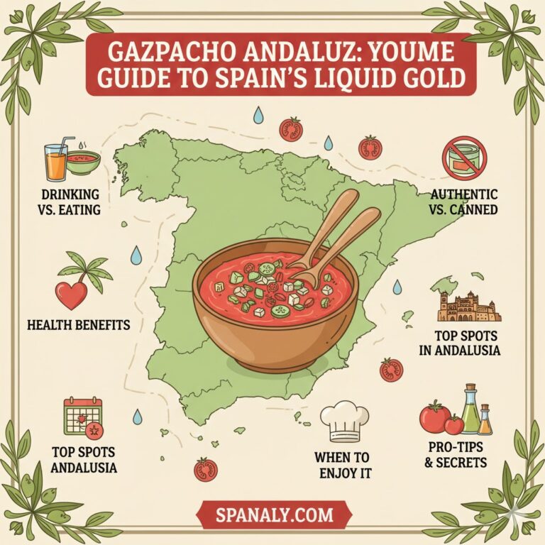 A colorful master infographic for the ultimate guide to Gazpacho Andaluz. It features a large map of Spain with a central bowl of Gazpacho. Surrounding icons illustrate key topics: Drinking vs. Eating, Health Benefits, Authenticity, Top Spots in Andalusia, and Pro-Tips. Includes the text GAZPACHO ANDALUZ: YOUR GUIDE TO SPAIN'S LIQUID GOLD at the top and Spanaly.com at the bottom.