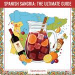 A colorful illustrated map of Spain featuring a large pitcher of authentic red wine Sangria in the center. Surrounded by key ingredients like Spanish red wine, brandy, cinnamon, and fresh citrus fruits. The image has the title 'Spanish Sangria: The Ultimate Guide' and Spanaly.com branding.