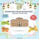 An inspiring and vibrant artistic infographic for the Prado Museum in Madrid, featuring a central illustration of the museum, a map of Spain, and creative banners with 2026 travel tips, branded with Spanaly.com.