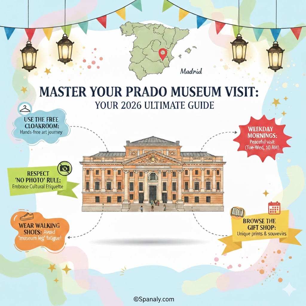 An inspiring and vibrant artistic infographic for the Prado Museum in Madrid, featuring a central illustration of the museum, a map of Spain, and creative banners with 2026 travel tips, branded with Spanaly.com.