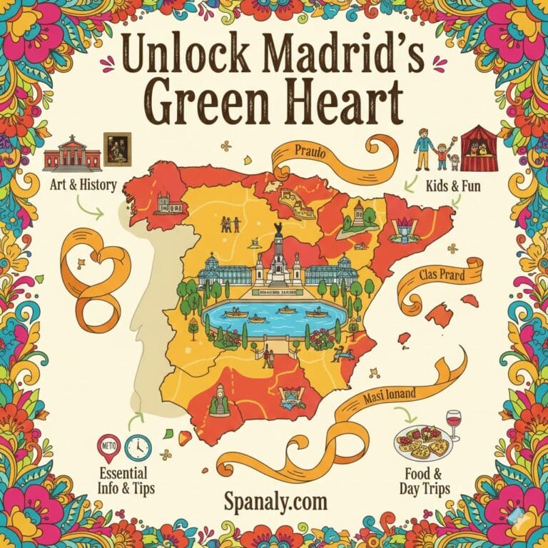 A creative and colorful featured image for the Retiro Park guide. It features a large map of Spain in the center with Retiro Park illustrated inside it. Around the map are icons for art, history, family fun, and travel tips. Top text: Unlock Madrid's Green Heart. Bottom text: Spanaly.com. Artistic hand-drawn style.