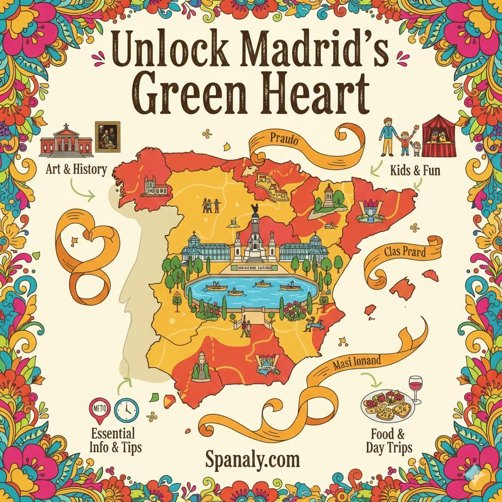 A creative and colorful featured image for the Retiro Park guide. It features a large map of Spain in the center with Retiro Park illustrated inside it. Around the map are icons for art, history, family fun, and travel tips. Top text: Unlock Madrid's Green Heart. Bottom text: Spanaly.com. Artistic hand-drawn style.