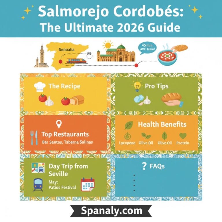 A comprehensive 2026 infographic summary by Spanaly.com covering the authentic Salmorejo recipe, pro tips, health benefits, top Córdoba restaurants, and travel logistics from Seville.