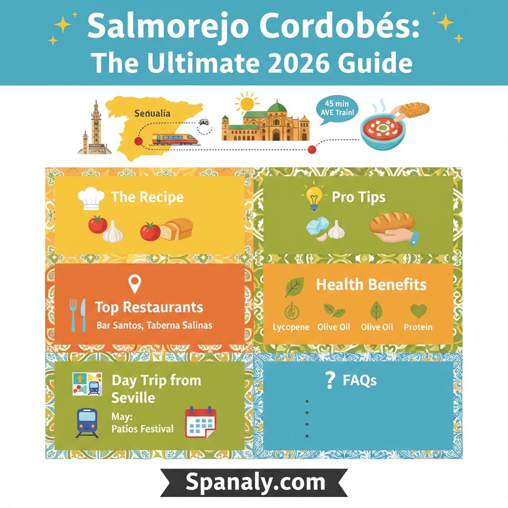 A comprehensive 2026 infographic summary by Spanaly.com covering the authentic Salmorejo recipe, pro tips, health benefits, top Córdoba restaurants, and travel logistics from Seville.