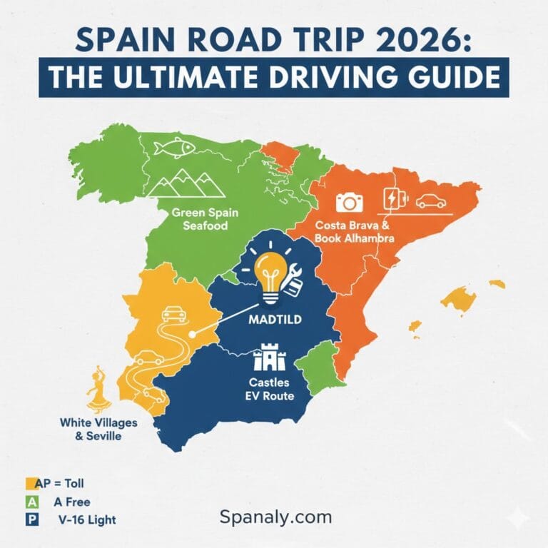 The ultimate 2026 Spain Road Trip map guide, featuring key driving routes like the Andalusian White Villages, Costa Brava coastal run, Northern Green Spain, and the Central Castles EV route, with road code legends for AP and A highways.