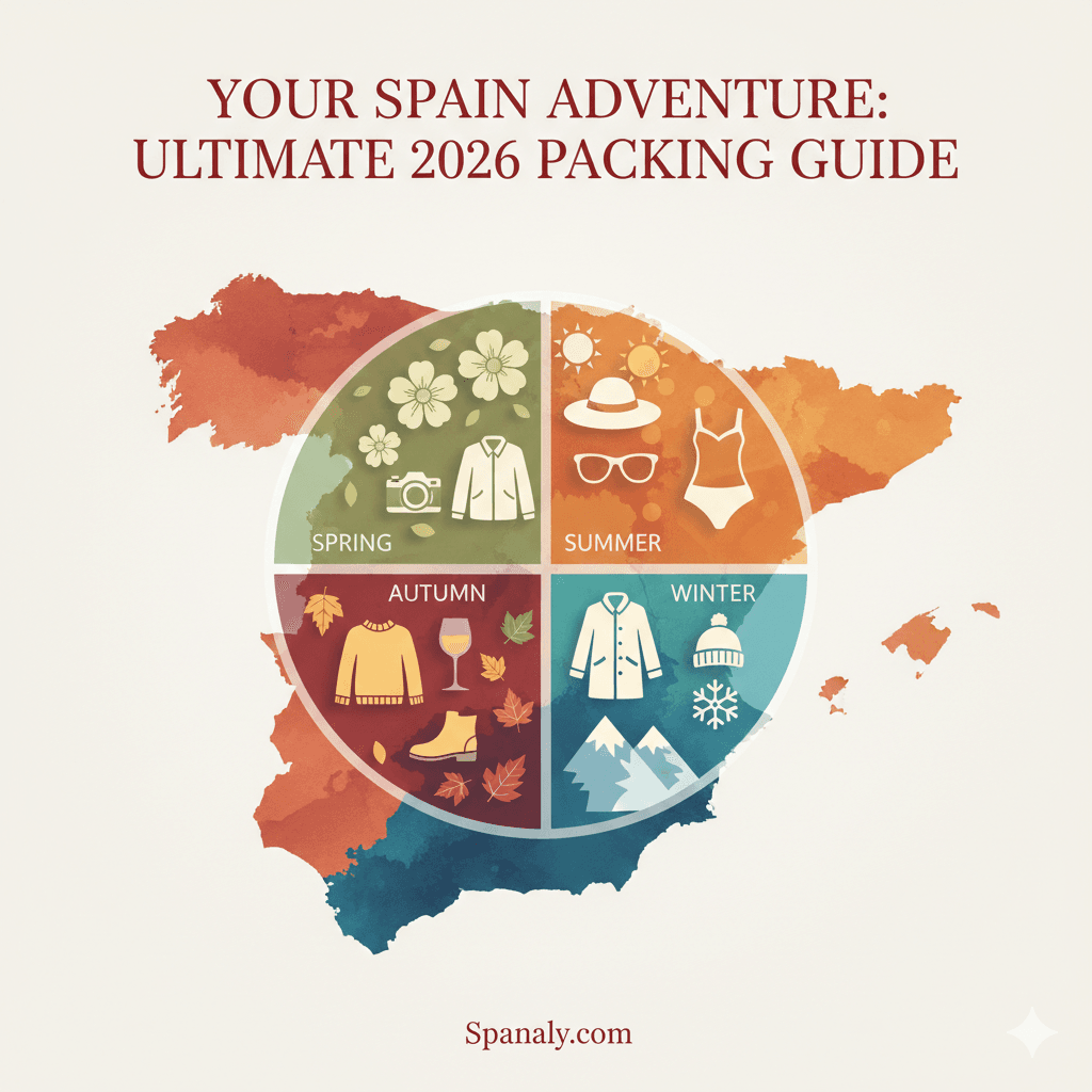 A creative 2026 Spain travel infographic featuring a seasonal packing wheel for Spring, Summer, Autumn, and Winter over a map of Spain, highlighting essential clothing and gear for each season.