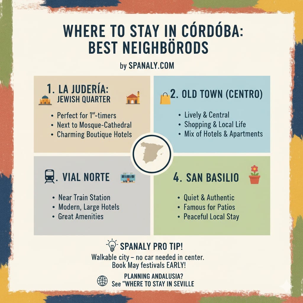 Informative infographic comparing the best neighborhoods to stay in Córdoba, including La Judería, Old Town, Vial Norte, and San Basilio.