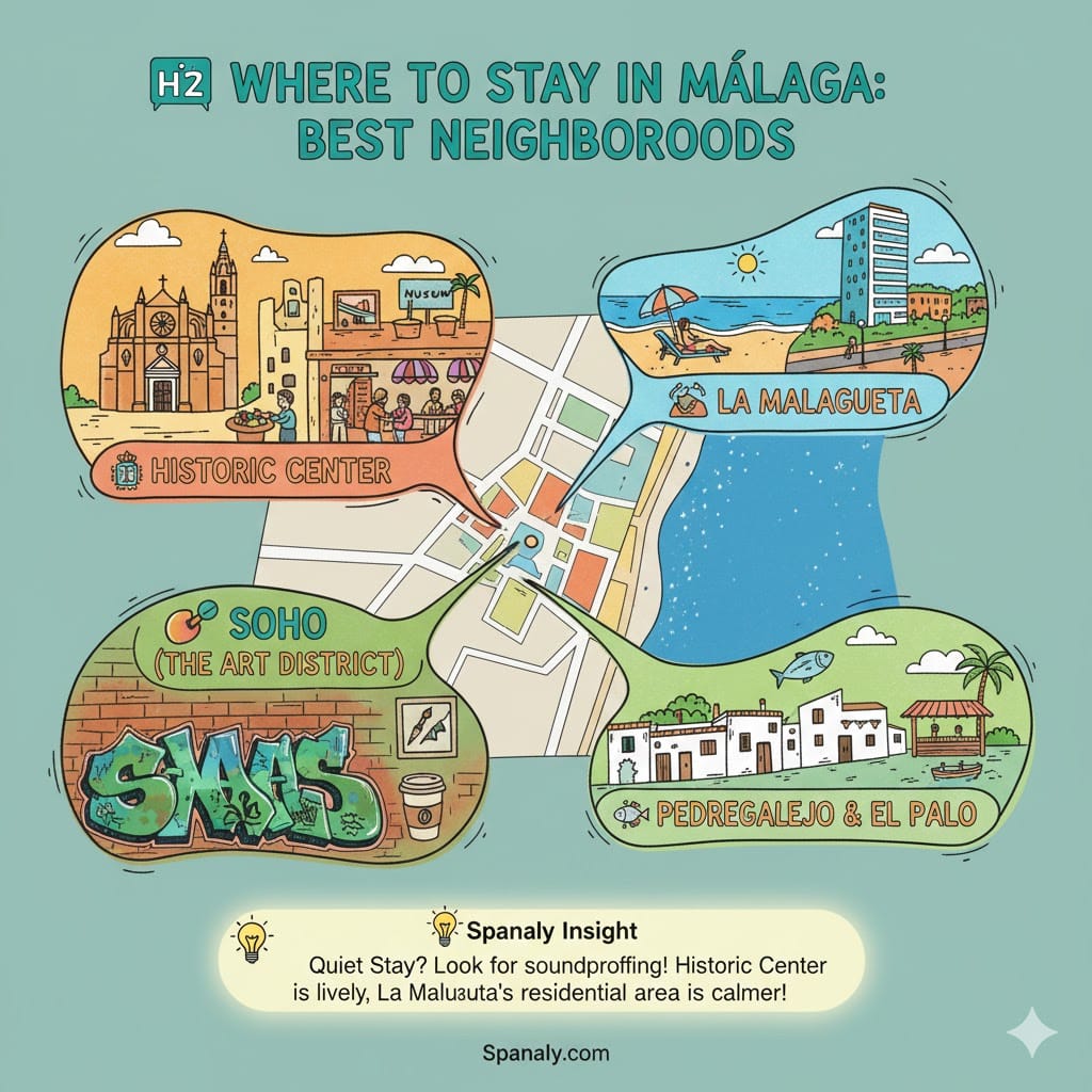 Infographic showing the best neighborhoods to stay in Malaga, including the Historic Center, La Malagueta beach, Soho art district, and Pedregalejo. Features Spanaly accommodation tips.