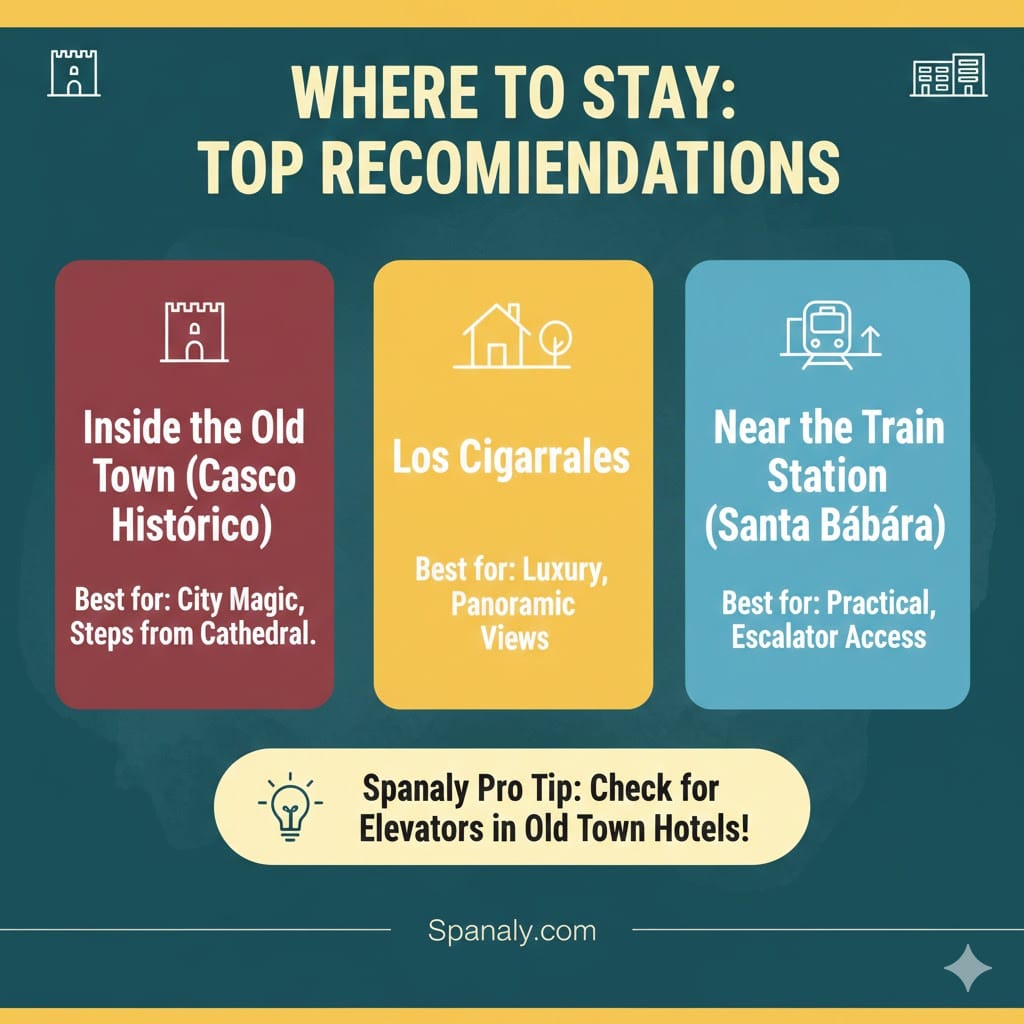 A colorful travel infographic titled Where to Stay: Top Recommendations in Toledo. It features three distinct zones: Inside the Old Town (Best for city magic), Los Cigarrales (Best for luxury and views), and Near the Train Station (Best for practical escalator access). A footer includes a Spanaly Pro Tip to check for elevators in historic Old Town hotels.