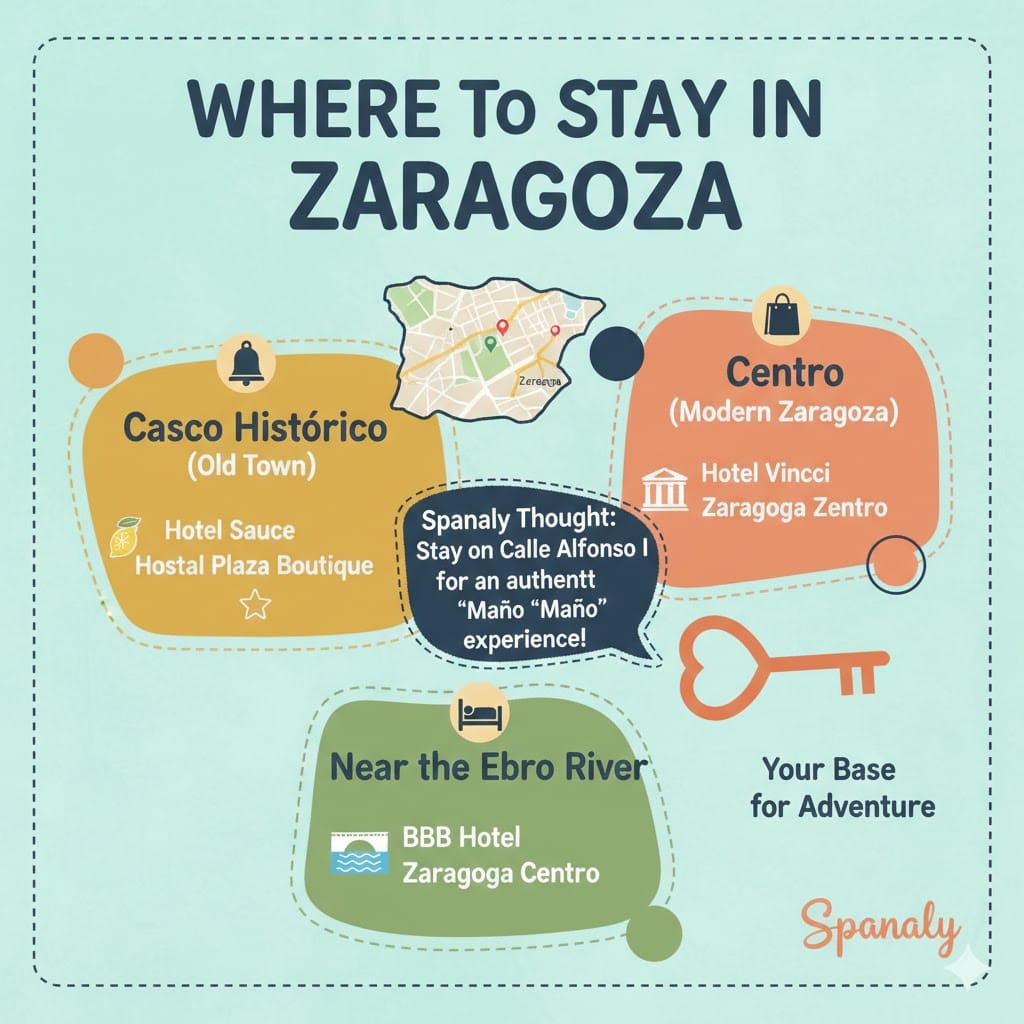 A colorful modern infographic titled 'Where to Stay in Zaragoza' featuring the Old Town, City Center, and Ebro River areas with recommended hotels and a map icon.