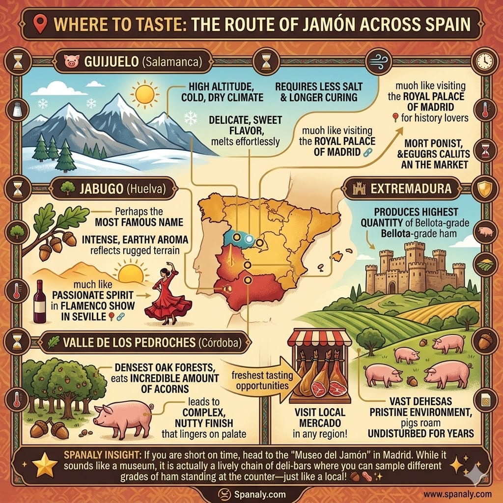 A vibrant 1024x1024 infographic titled 'Where to Taste: The Route of Jamón across Spain'. It features a stylized map highlighting Guijuelo, Jabugo, Valle de los Pedroches, and Extremadura, explaining their unique flavor profiles and linking them to cultural icons like the Royal Palace of Madrid and Flamenco in Seville, including the Spanaly.com logo.