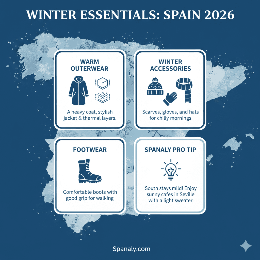 A comprehensive 2026 winter travel infographic for Spain, featuring essential items like warm outerwear, thermal layers, winter accessories, and sturdy boots, with a regional tip for southern Spain.