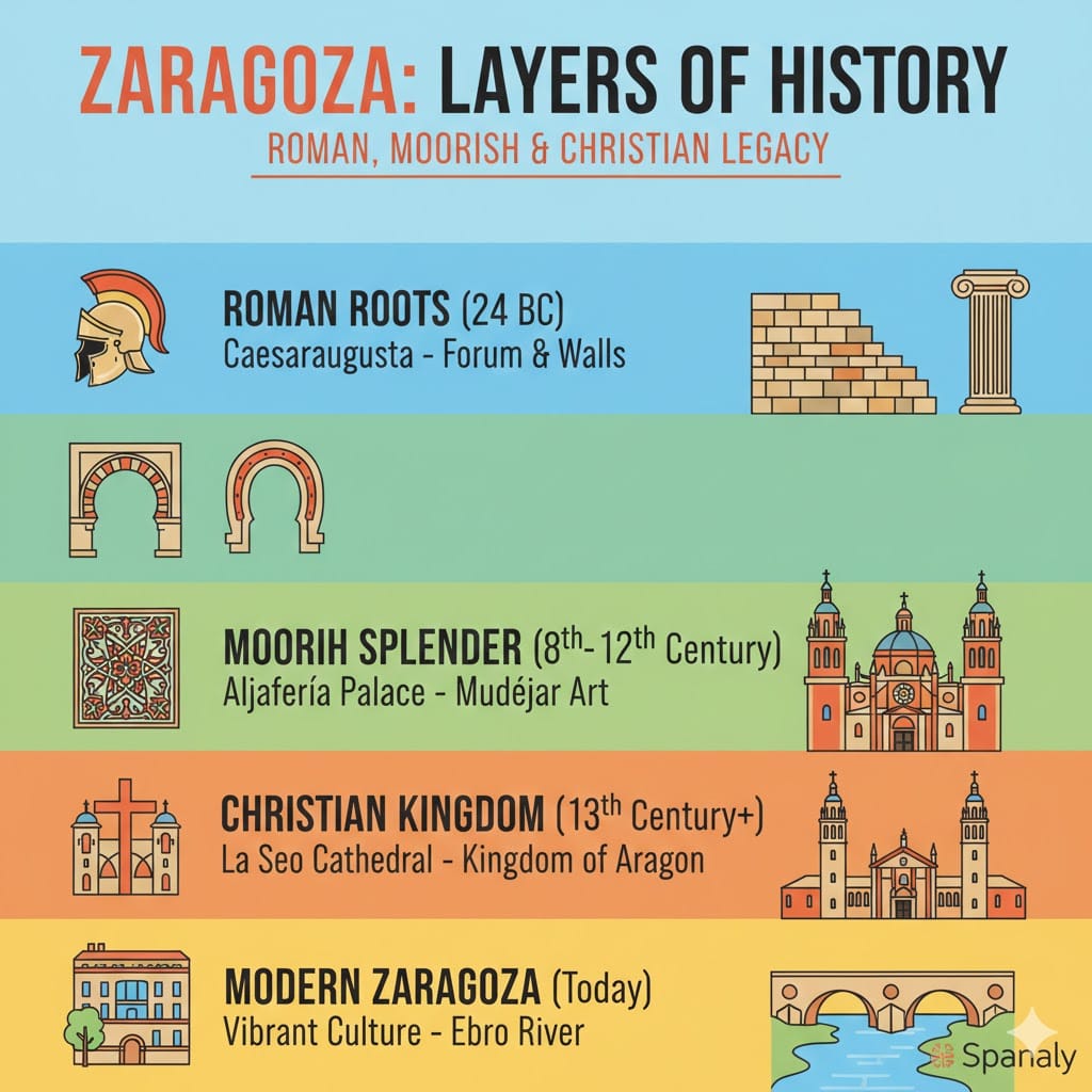 A colorful infographic showing the layers of Zaragoza history: Roman roots, Moorish splendor, Christian Kingdom, and Modern Zaragoza with icons of helmets, arches, and cathedrals.