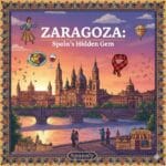 A vibrant, colorful illustration of Zaragoza featuring the Basilica del Pilar at sunset, a plate of traditional Migas, a glass of wine, the red and black Cachirulo scarf, and people enjoying the river view, all within a decorative frame with the Spanaly logo.