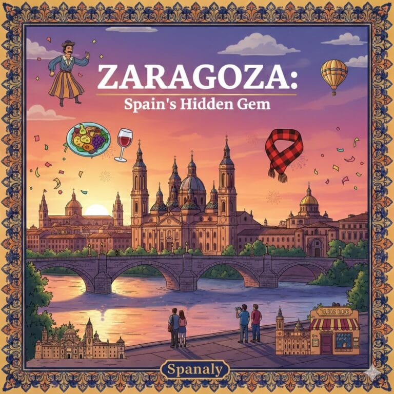 A vibrant, colorful illustration of Zaragoza featuring the Basilica del Pilar at sunset, a plate of traditional Migas, a glass of wine, the red and black Cachirulo scarf, and people enjoying the river view, all within a decorative frame with the Spanaly logo.