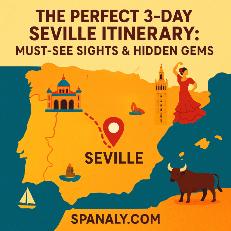 Illustrated map of Spain highlighting Seville with iconic landmarks and vibrant colors – Spanaly.com