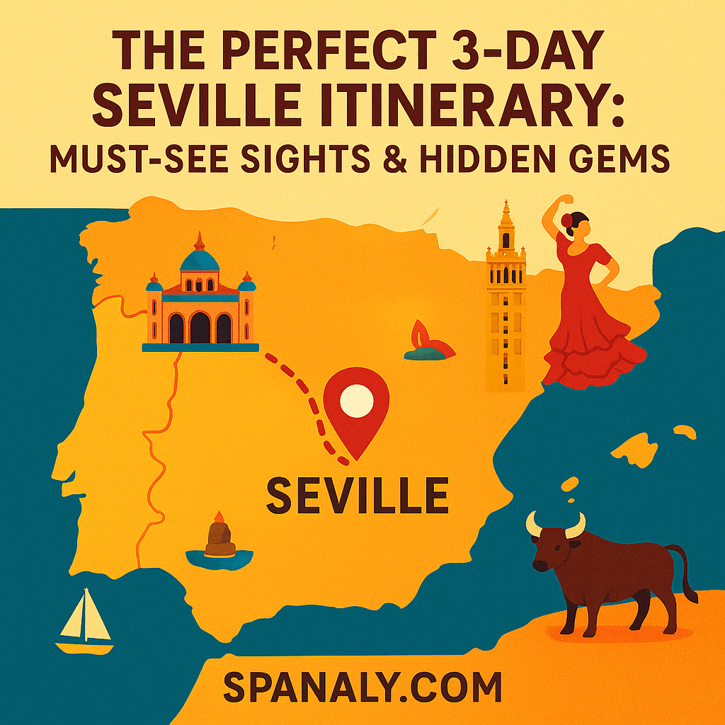 Illustrated map of Spain highlighting Seville with iconic landmarks and vibrant colors – Spanaly.com